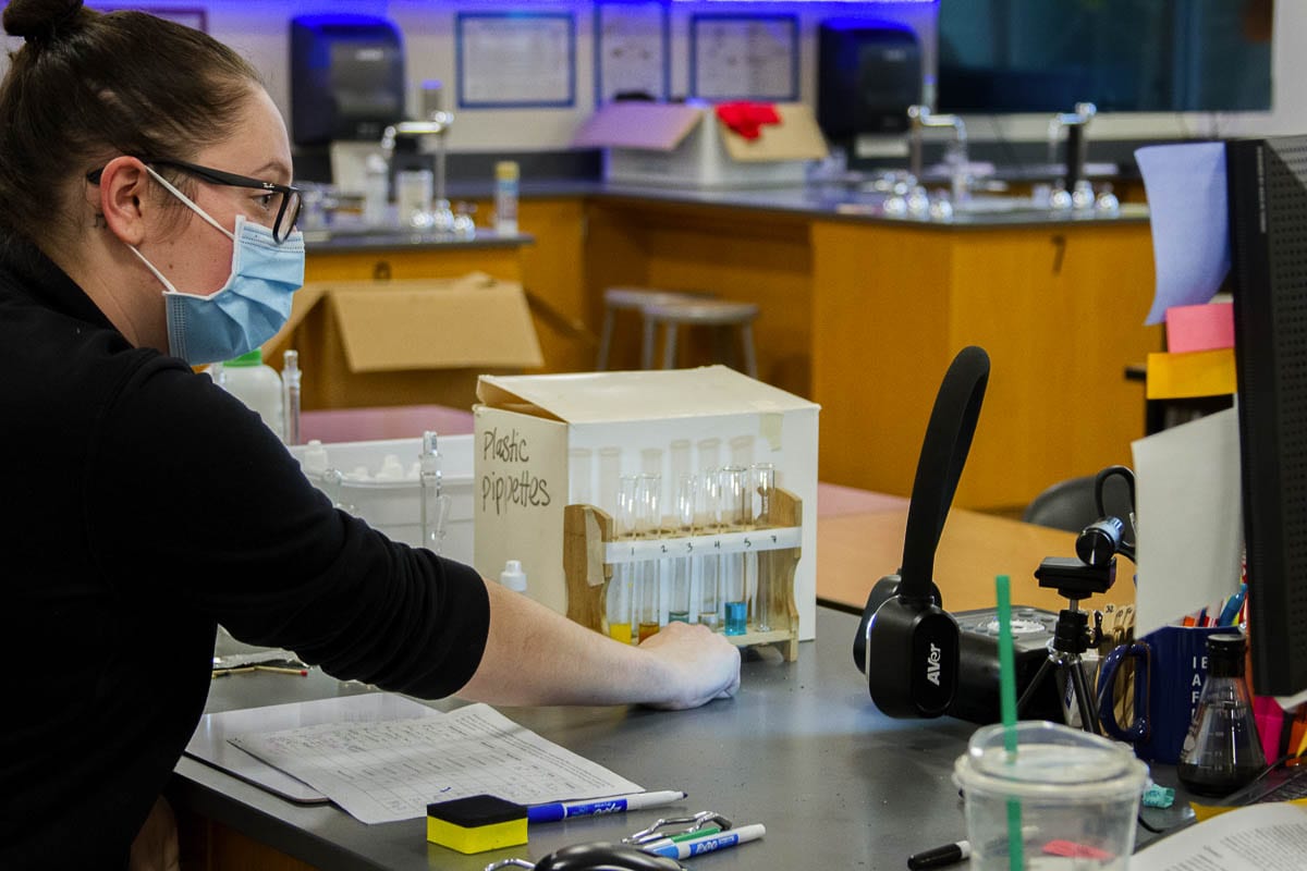 Stephanie Marshall uses two cameras -- a webcam and a document camera - to both teach lessons and to provide students with a detailed view of the experiment she's conducting. Photo courtesy of Woodland School District