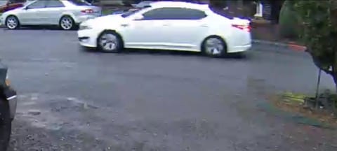 The suspect vehicle is thought to be a Kia Optima or similar, white, with tinted windows and grey wheels. Photo courtesy of Clark County Sheriff’s Office