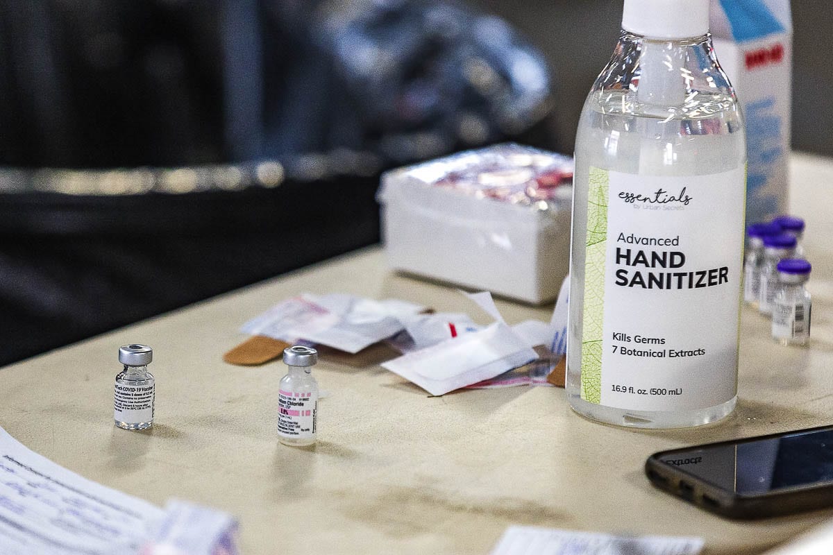 Vials of Pfizer COVID-19 vaccine await arms at the Clark County Fairgrounds mass vaccination site. Photo by Mike Schultz