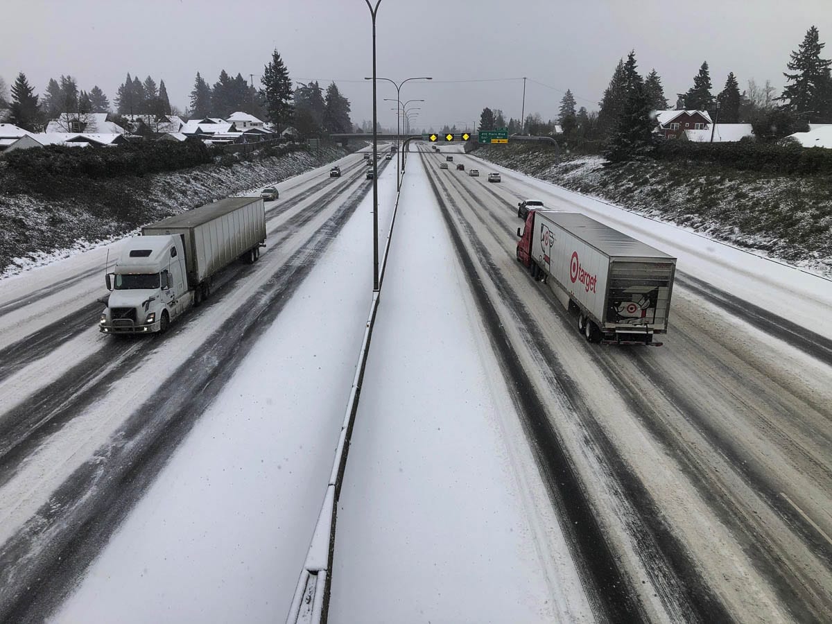 Snowy road conditions have prompted the Washington Dept. of Health to close the Fairgrounds vaccination site for Friday and Saturday. Photo by Mike Schultz