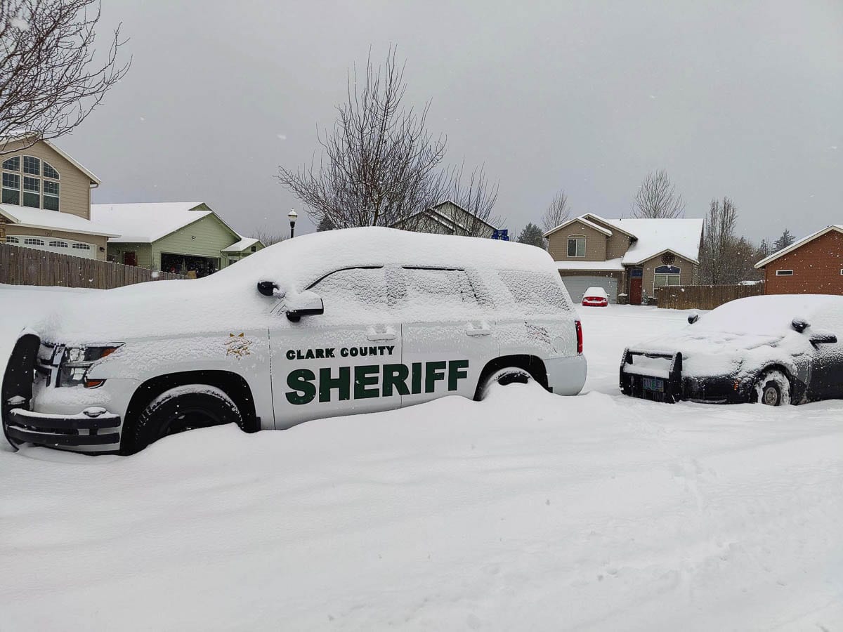 Clark County has declared a state of emergency for the Greater Clark County area effective Sat., Feb. 13 due to winter storm conditions. This photo shows a Clark County Sheriff’s Office vehicle under snow in Battle Ground Saturday morning. Photo by Chris Brown