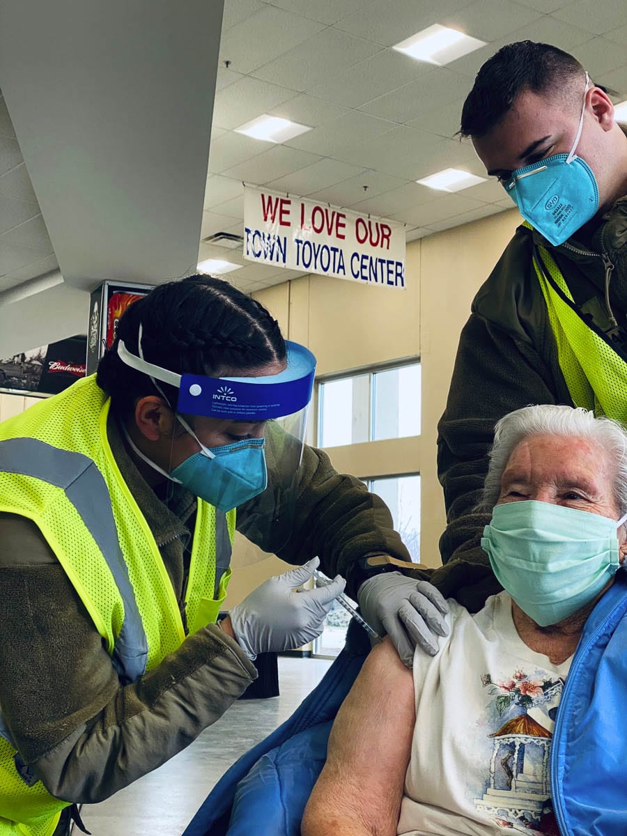 90-year-old Ruby T. of Wenatchee, Washington receives the state’s millionth COVID-19 vaccine dose on Friday. Photo courtesy Washington Dept. of Health