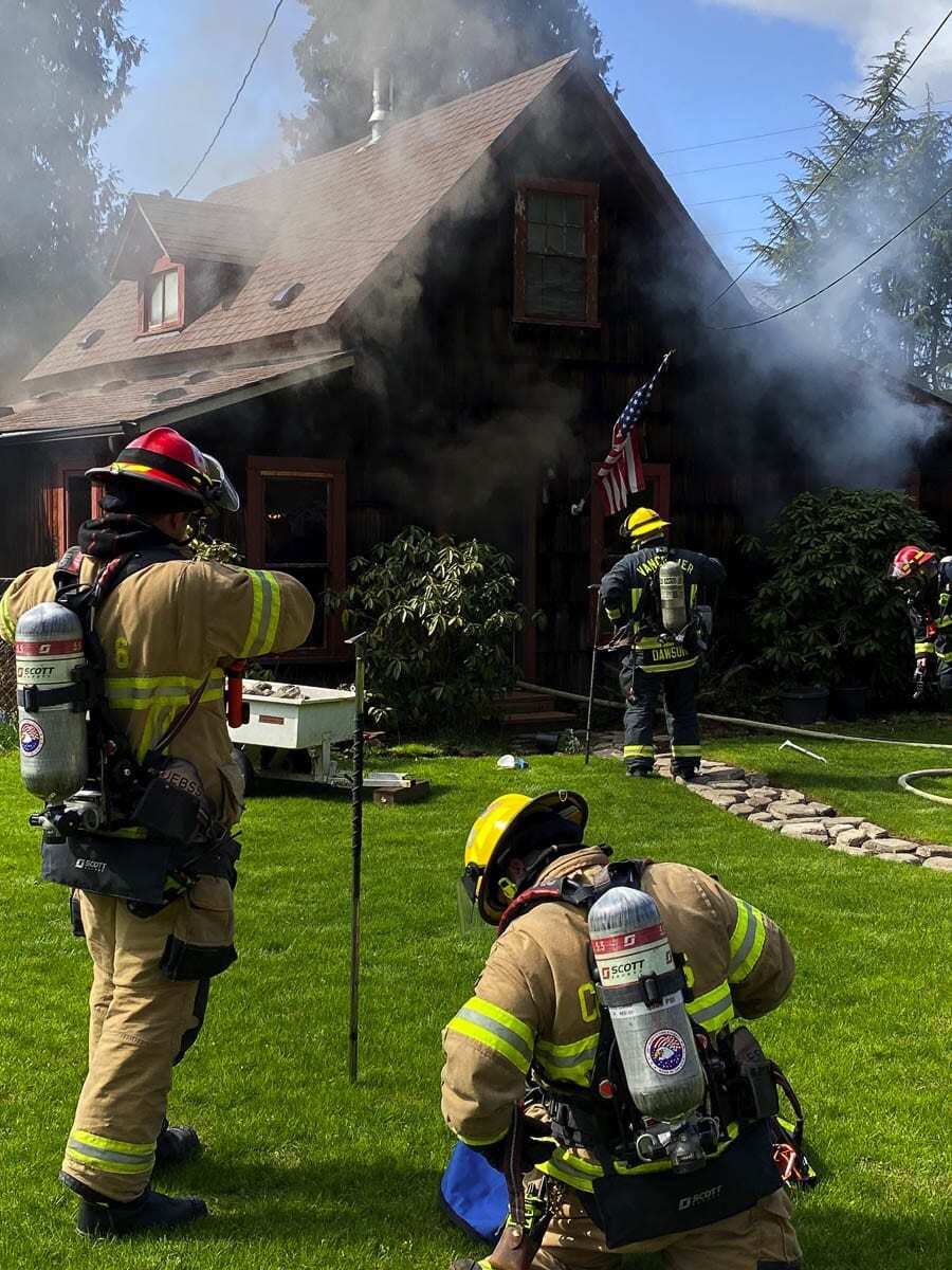 The first, on NW Alki Road, started in an historic structure and was burning when fire engines arrived. Photo courtesy of Clark County Fire District 6