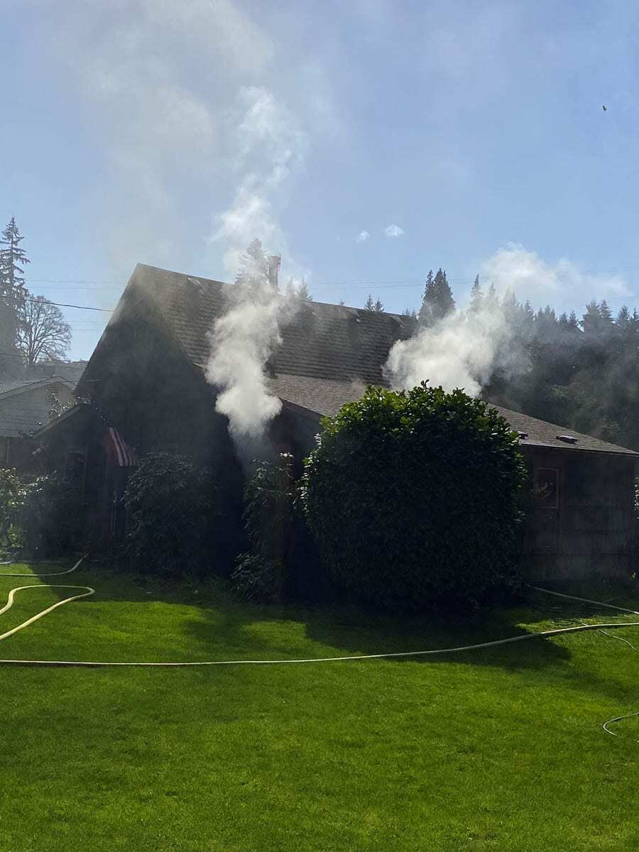 The first, on NW Alki Road, started in an historic structure and was burning when fire engines arrived. Photo courtesy of Clark County Fire District 6