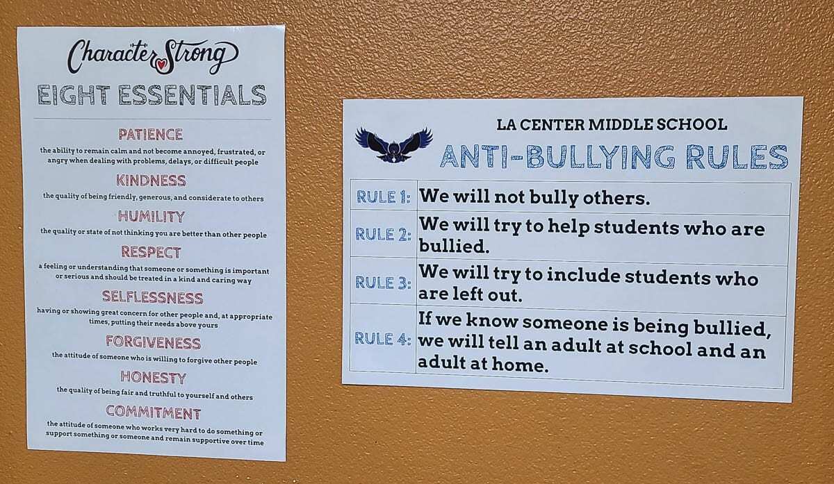 Reminders of the eight essentials of the Character Strong program as well as other kindness guidelines are on the walls throughout La Center Middle School. Photo by Paul Valencia