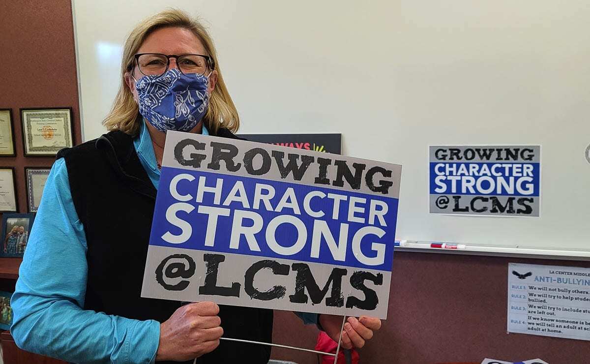 Lauri Landerholm, the principal at La Center Middle School, has visited more than 150 homes during the pandemic, honoring her students who have shown acts of kindness. Photo by Paul Valencia