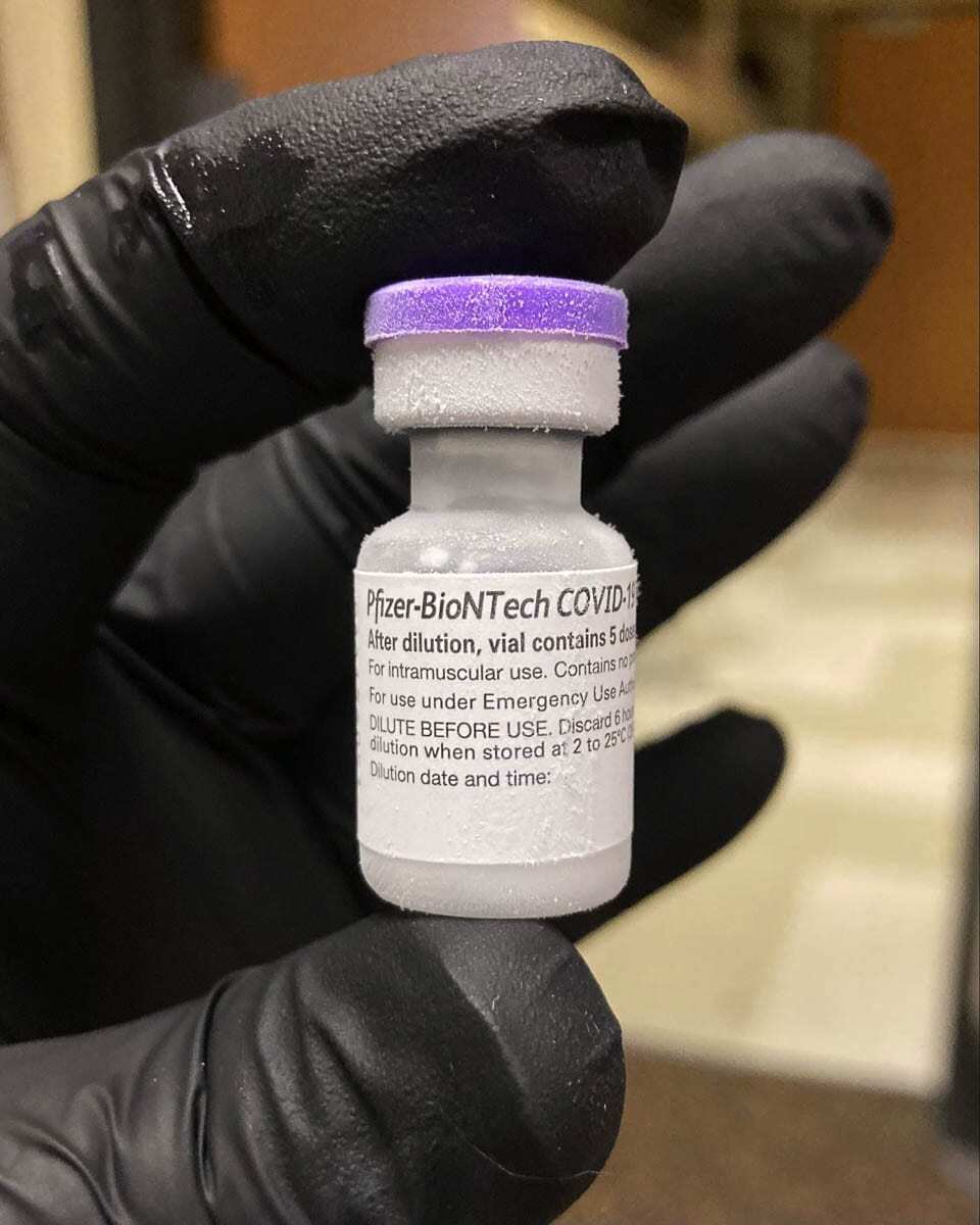 A vial of Pfizer COVID-19 vaccine must be kept in ultra-cold storage until it is ready to be used. Photo courtesy Clark County Public Health