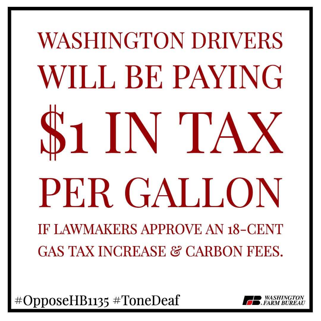 Both House and Senate transportation proposals increase the gas tax by 9.8 cents or 18 cents per gallon. They also include a carbon tax and a low carbon fuels standard tax, which could drive up the price of gas and diesel fuel by $1 per gallon. Graphic Washington Farm Bureau.