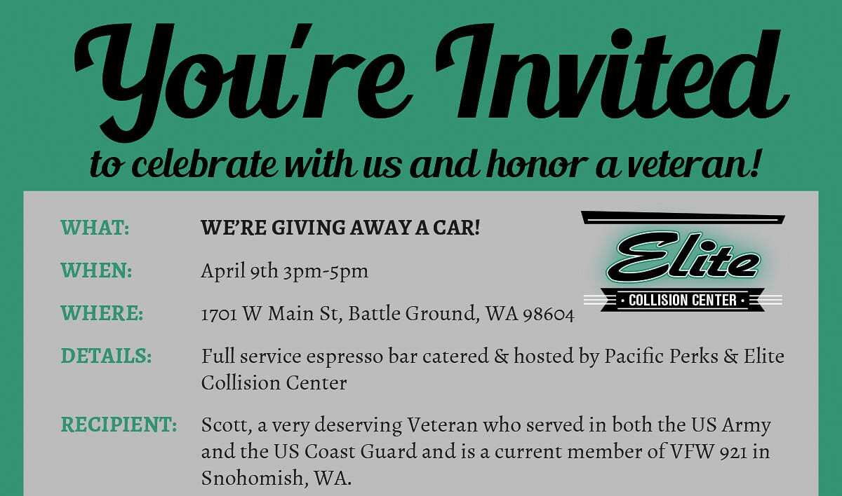 Elite Collision Center, 1701 West Main Street in Battle Ground, will donate a car to disabled US Army and Coast Guard veteran Scott Bingham of Snohomish at 3 p.m. Friday. Flyer courtesy of Elite Collision Center