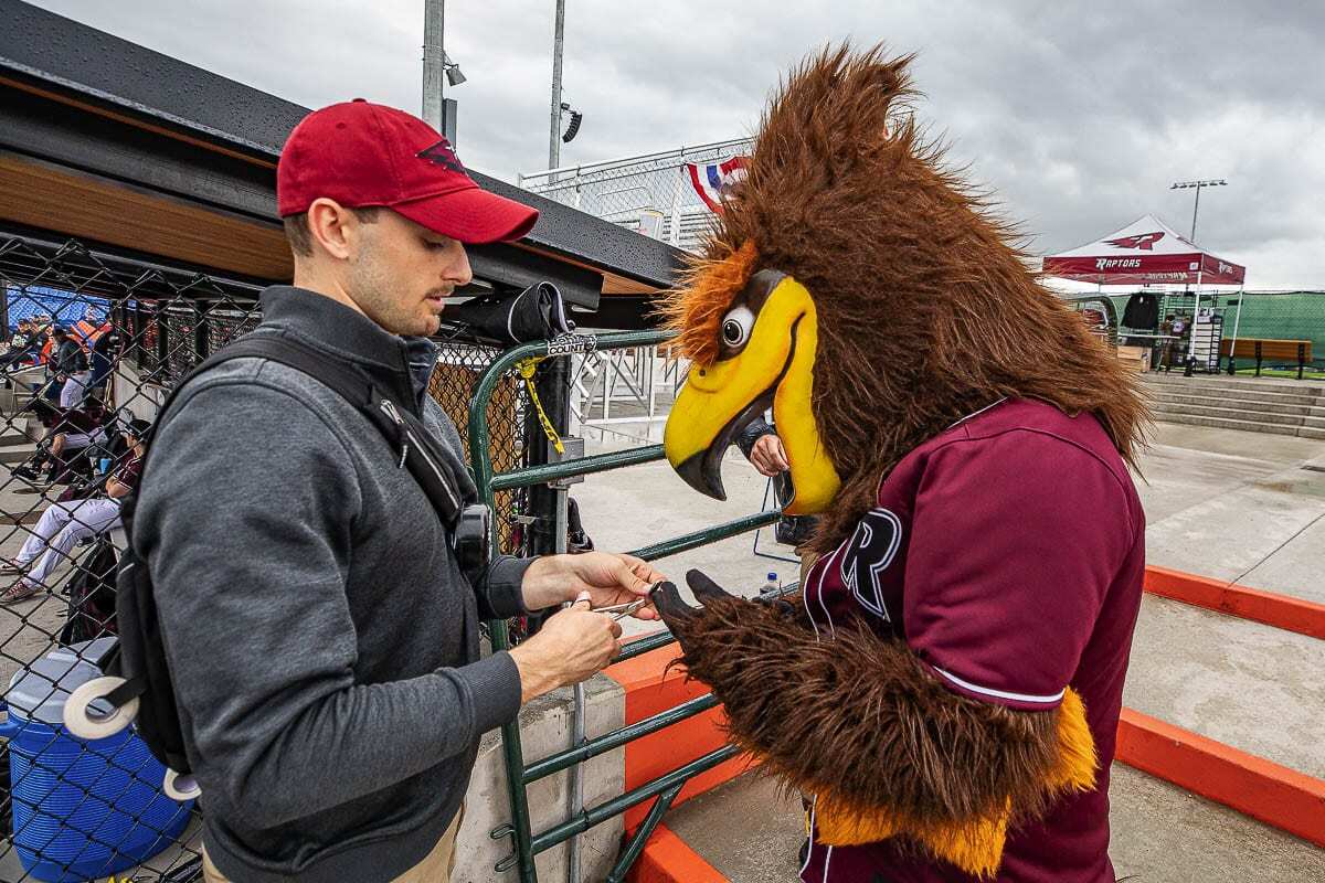 Rally the Raptor debuted as the mascot for the Ridgefield Raptors in 2019. The team is looking for creative people to become Rally during the upcoming baseball season. Photo by Mike Schultz