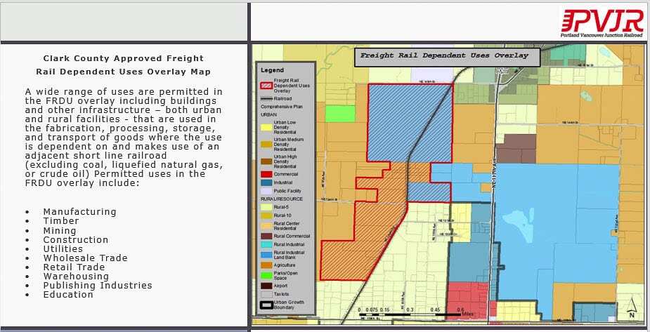 PVJR is seeking zoning to allow development in about 1,400 acres along the rail line between NE 119th and 149th streets. This is an area north of the current Vancouver urban growth boundary. Graphic from PVJR