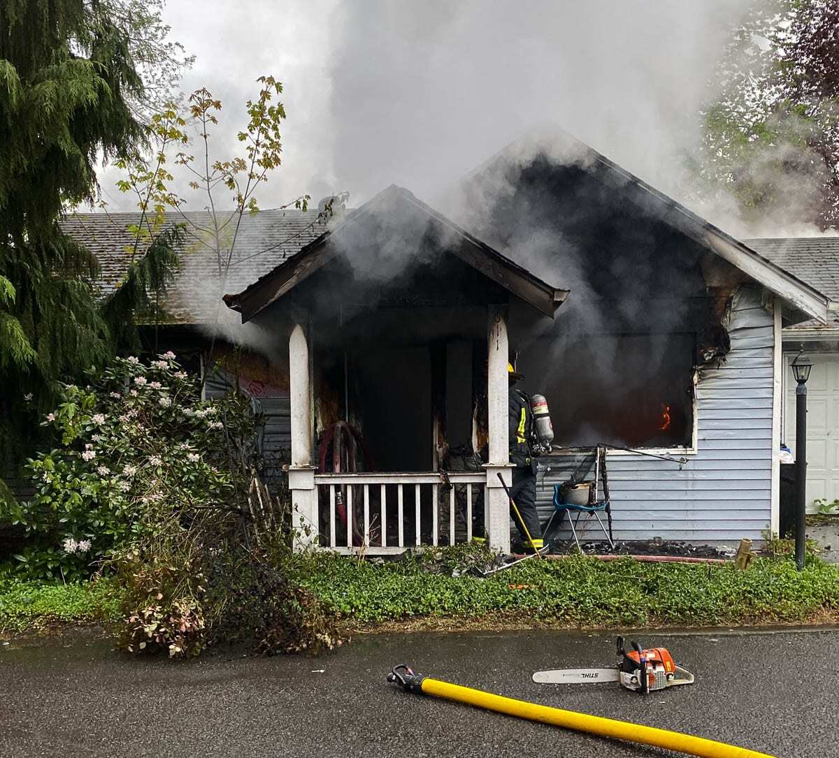 This one-story home in Camas is considered to be a total loss after a fire Saturday evening. Photo courtesy of Camas-Washougal Fire Department