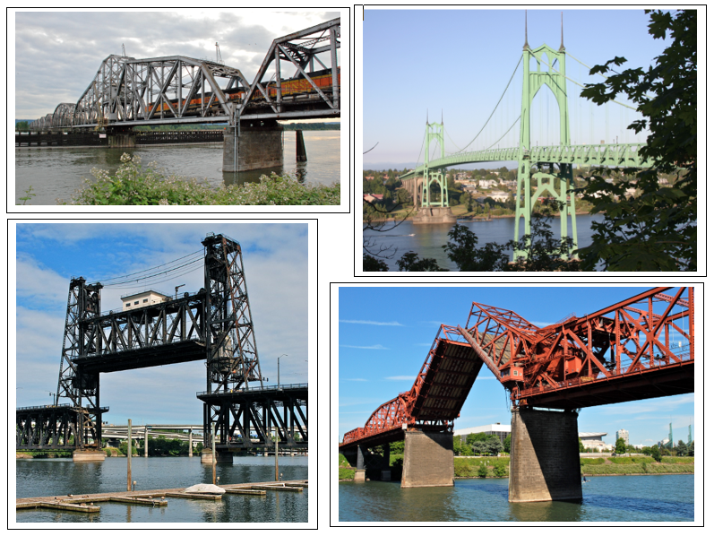 Four Portland historical bridges L-R - the BNSF rail bridge 9.6 (1908) across the Columbia; the St. Johns bridge (1931); the Steel Bridge (1912), and the Broadway Bridge (1913).