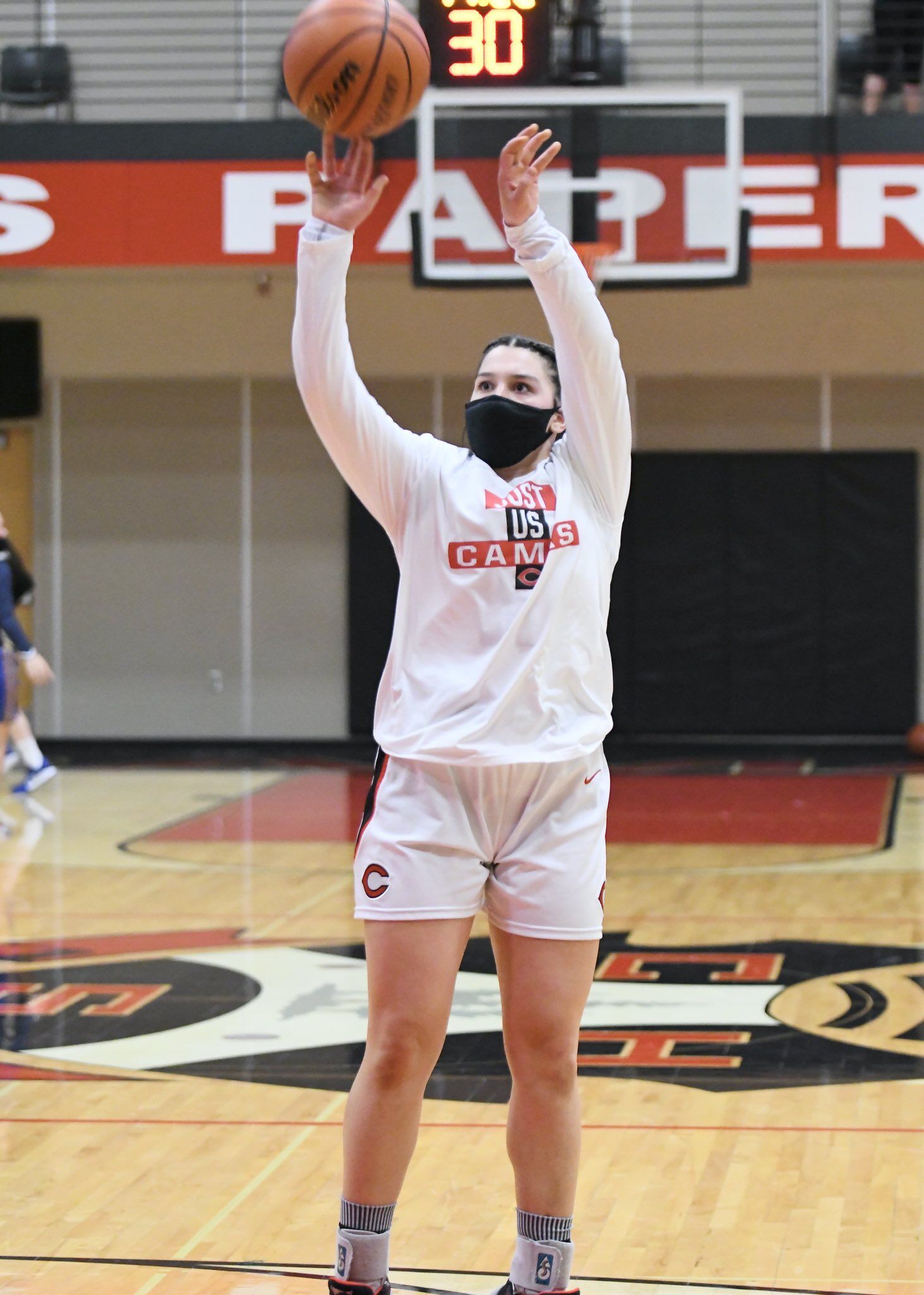 Camas senior Katelynn Forner, shown here in warm-ups earlier this season, made four consecutive 3-pointers in the first quarter Friday night against rival Union. Photo courtesy Kris Cavin