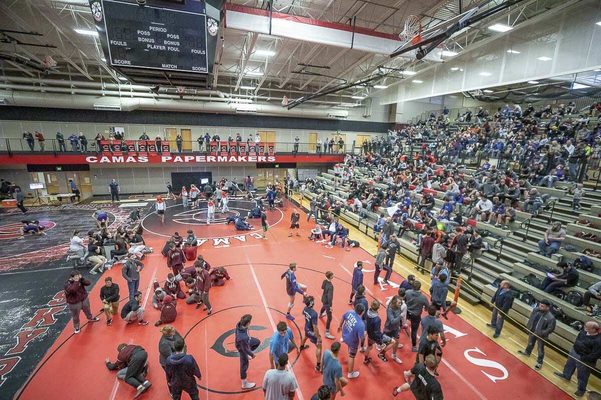 Camas has hosted big wrestling events in its past, like regionals in 2019, but this Saturday, Camas will host wrestling … outdoors. The plan is for the 4A and 3A GSHL wrestling season to start with nine teams at Doc Harris Stadium. Photo by Mike Schultz