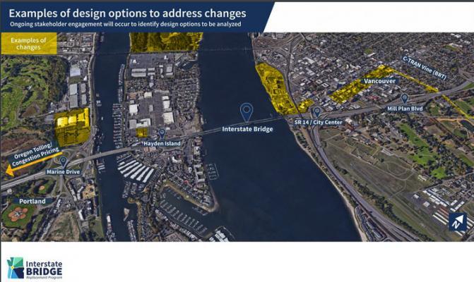 The project team has identified numerous changes since the CRC and shared this graphic highlighting many of the changes on the ground. In Vancouver it includes the Waterfront development and the addition of the Vine BRT route. Areas in yellow have the major changes. Graphic courtesy of the Interstate Bridge Replacement Program