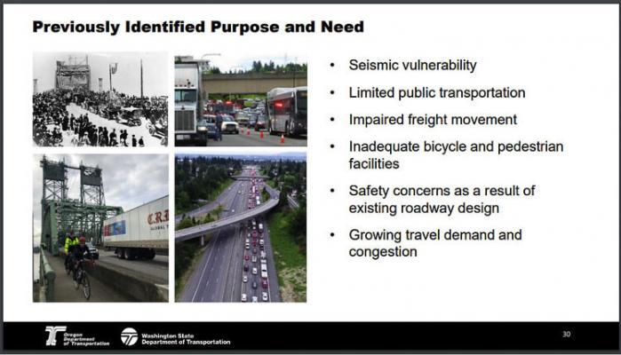 The Purpose and Need statement defines the problem the project is supposed to fix. These were the original six items from the CRC’s Purpose and Need. The current effort is considering adding climate and equity considerations to these six. Graphic courtesy of ODOT & WSDOT