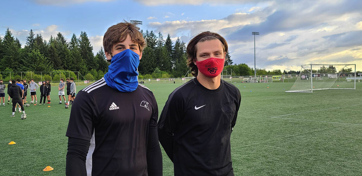 Dylan De Baldo and Aidan McGinty are two members of Vancouver Victory FC who are grateful to be playing a summer soccer schedule, to keep in shape for their college programs. Photo by Paul Valencia