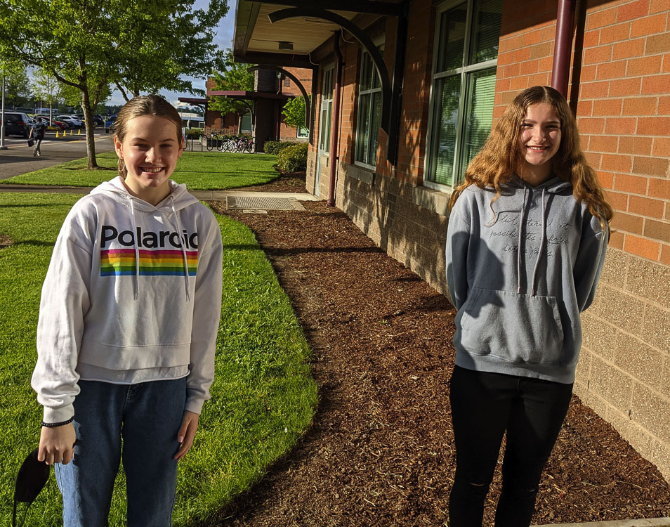 Chief Umtuch Middle School students Tova Orth (left) and Ava Dhanens finished sixth in the Washington History Day competition for their documentary on the use of radium in advertising. Photo courtesy of Battle Ground Public Schools