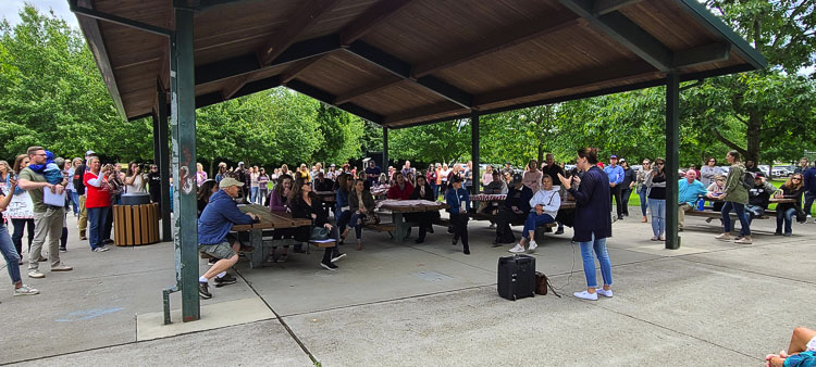 In what was supposed to be a small gathering grew to more than 100 people when Washington state Sen. Ann Rivers spoke to parents about children having to wear masks at school and other pandemic measures. Photo by Paul Valencia