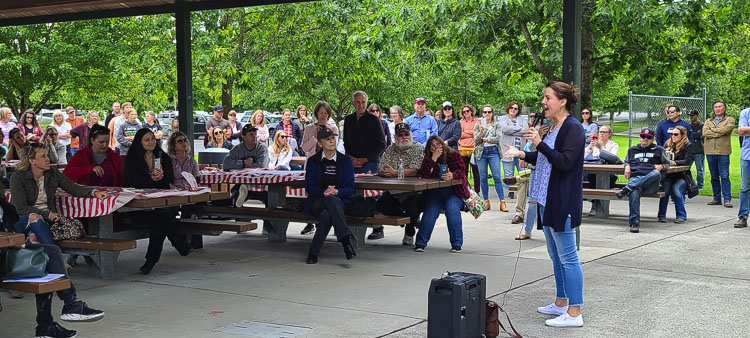 Washington state Sen. Ann Rivers (R-18th District) speaks to a gathering at Felida Park on Thursday. The senator was there for an informational meeting, hoping to empower parents who feel left out of the process in regard to how the state and school systems are treating children during the pandemic. Photo by Paul Valencia