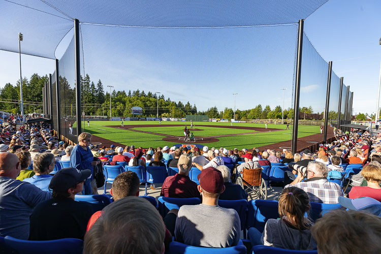 The Ridgefield Raptors expect hundreds of fans to be at the park tonight for the season opener. The team played to a packed house, shown here, when the franchise started in 2019. This year, there will be sections for vaccinated fans and sections for those who are not, as well as other protocols in place. Photo by Mike Schultz