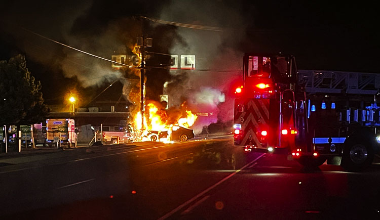 The vehicle and utility pole caught fire, which started a display of sparks and flashes that could be seen from a mile away. Occupants managed to exit the vehicle and no injuries were reported. Photo courtesy of Clark County Sheriff’s Office