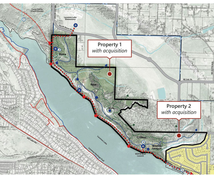 Four separate properties make up the bulk of the North Shore land acquisition for $22 million by Camas. Members of the Camas City Council debated spending $234,000 to remodel the Rose home which has been vacant since the purchase. The city staff has no firm plans for the legacy lands. Graphic city of Camas.