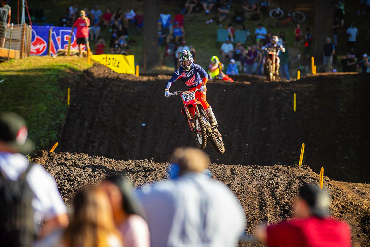 Chase Sexton of Illinois won the first moto Saturday at the Washougal MX National, then held on for a third-place finish in the second moto, giving him enough points for his first overall title of the 2021 season. Photo courtesy Align Media