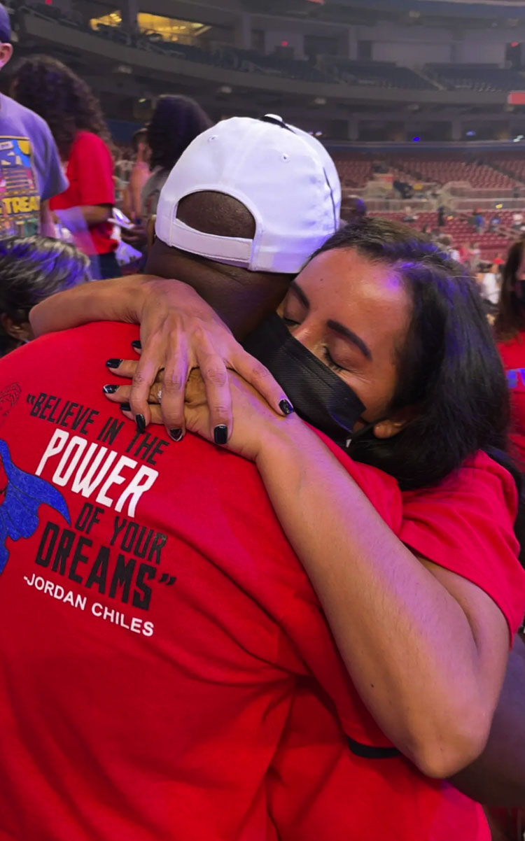 Gina Chiles hugs her husband Timothy on Sunday night after their daughter Jordan Chiles made the U.S. Olympic Gymnastics Team. Jordan Chiles is a 2019 graduate of Prairie High School. Photo courtesy Chiles family