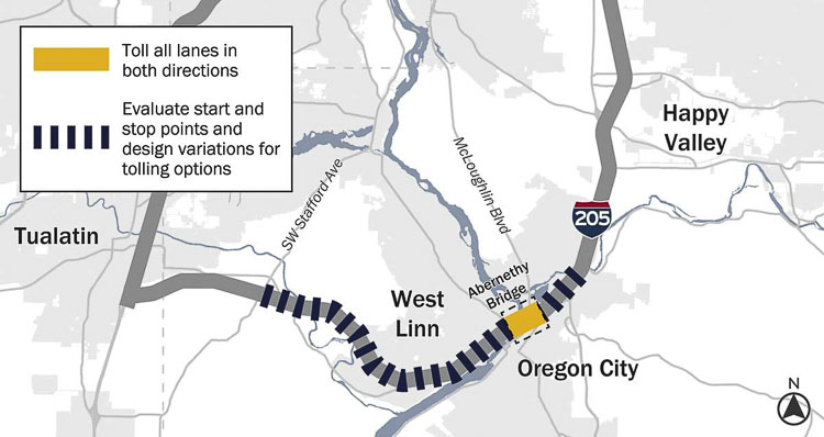 Citizens have many concerns about the I-205 tolling project. Oregon expects to widen the Abernethy Bridge and then add a new lane between the bridge and Stafford Rd. There are a few options under consideration on how they might implement tolling. Graphic courtesy of ODOT