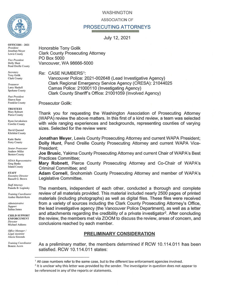 A review by the Washington Association of Prosecuting Attorneys into the Feb. 4 officer-involved shooting death of Battle Ground resident Jenoah Donald has found that the actions of Clark County Sheriff’s Office Deputy Sean Boyle were legally justified.