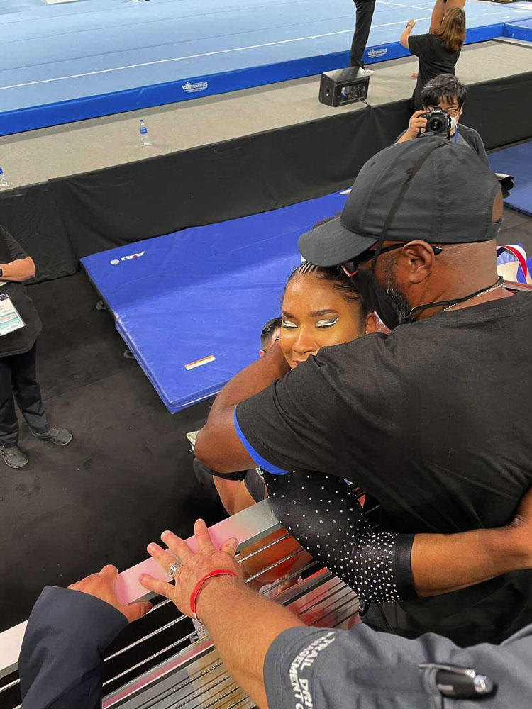 Jordan Chiles and her father Timothy share a moment together at a meet earlier this year. The Chiles family will not be able to attend the Olympics. No foreign spectators are allowed this year. Photo courtesy Chiles family