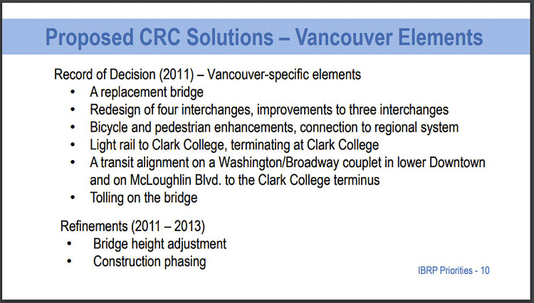 For the past month, members of the Vancouver City Council have discussed their priorities for a replacement Interstate Bridge project. They are fine tuning those desires and hope to agree on a final document at their July 26 council meeting. Graphic courtesy of Vancouver City Council