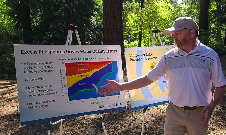 Scott Shuler of EutroPHIX was one of the experts on water quality who gave a presentation at Leverich Park on Thursday along with Friends of Vancouver Lake. Burnt Bridge Creek, which runs through Leverich Park, flows into Vancouver Lake. Photo by Paul Valencia