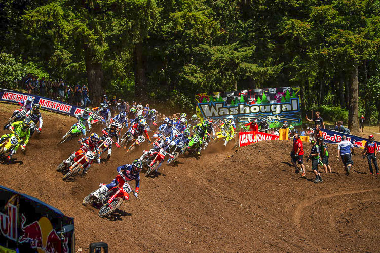 The start of a moto is always chaotic as riders compete for position at the Washougal MX National. The 40th running of the event attracted thousands of fans. Photo courtesy Align Media