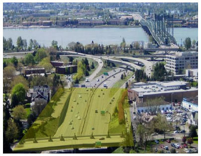 Some members of the Vancouver City Council are hoping a lid over I-5 south of Evergreen St. can be constructed as part of the Interstate Bridge Replacement Program. Graphic courtesy of Vancouver City Council