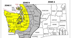 WSDOT created this map indicating the worst ground shaking and accelerating in a major Cascadia Subduction Zone earthquake. The highest priority is upgrading roads and bridges in Zone C. Clark County is in Zone B, with less ground acceleration. Eastern Washington has the least “risk” overall due to a Cascadia quake. Graphic courtesy of WSDOT