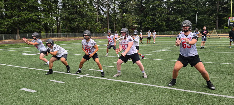 Camas linemen go through a drill during the first day of high school football practice on Wednesday. Photo by Paul Valencia