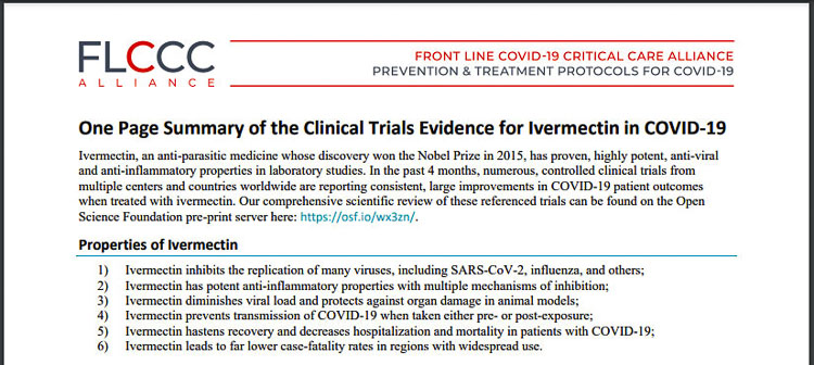 The Front Line Covid Critical Care Alliance has studied the impact of using ivermectin in the battle against COVID-19. It has many studies showing significant results using it to treat patients with the virus. The alliance also has evidence to show it works prophylactically, to prevent people from catching the virus. Graphic courtesy of the FLCCC Alliance
