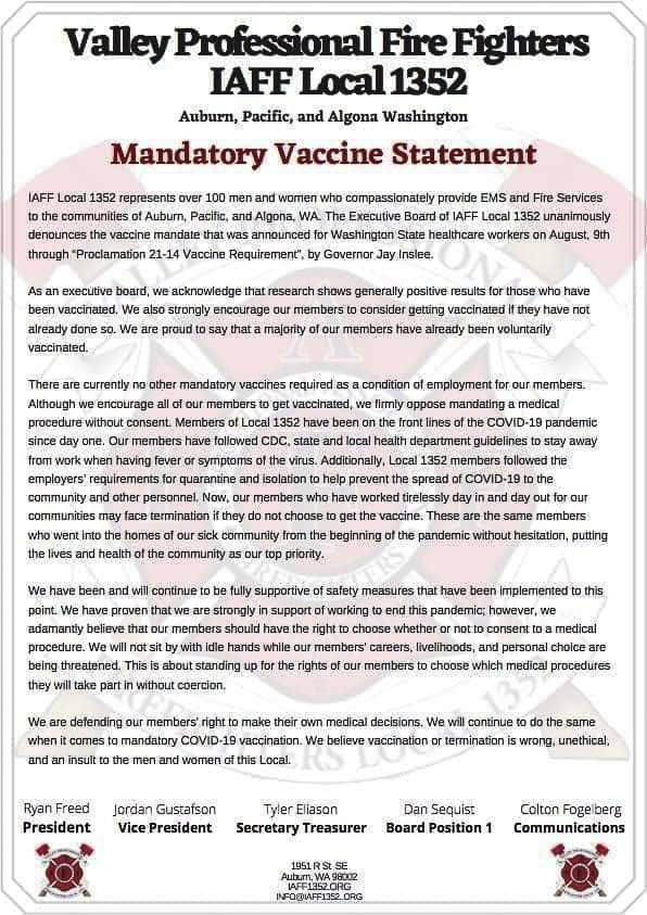 The Valley Professional Fire Fighters released the statement above in opposition to the Inslee mandate requiring firefighters to get the vaccine. They encourage their members to get the vaccine, but also defend their right to make an informed choice. Graphic courtesy of Valley Professional Fire Fighters