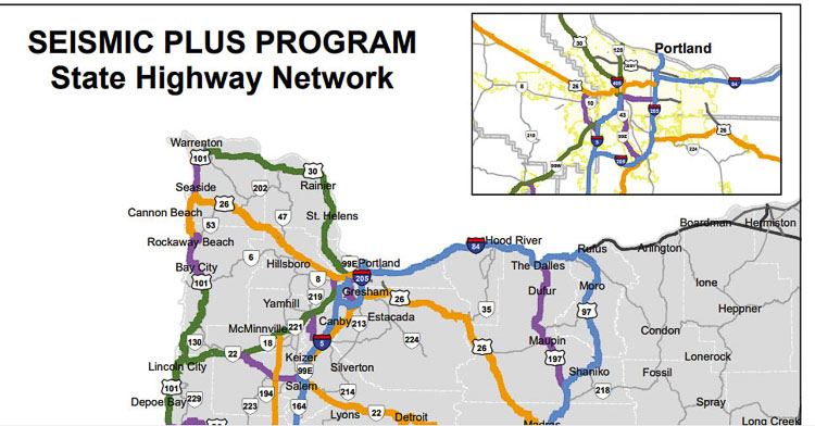 ODOT’s Seismic Plus Program took a 5-step approach to upgrading or replacing vulnerable bridges. The highest priorities are shown in light blue including I-205, I-84, I-5 south of downtown Portland, and US 97 in central Oregon. Graphic courtesy of ODOT