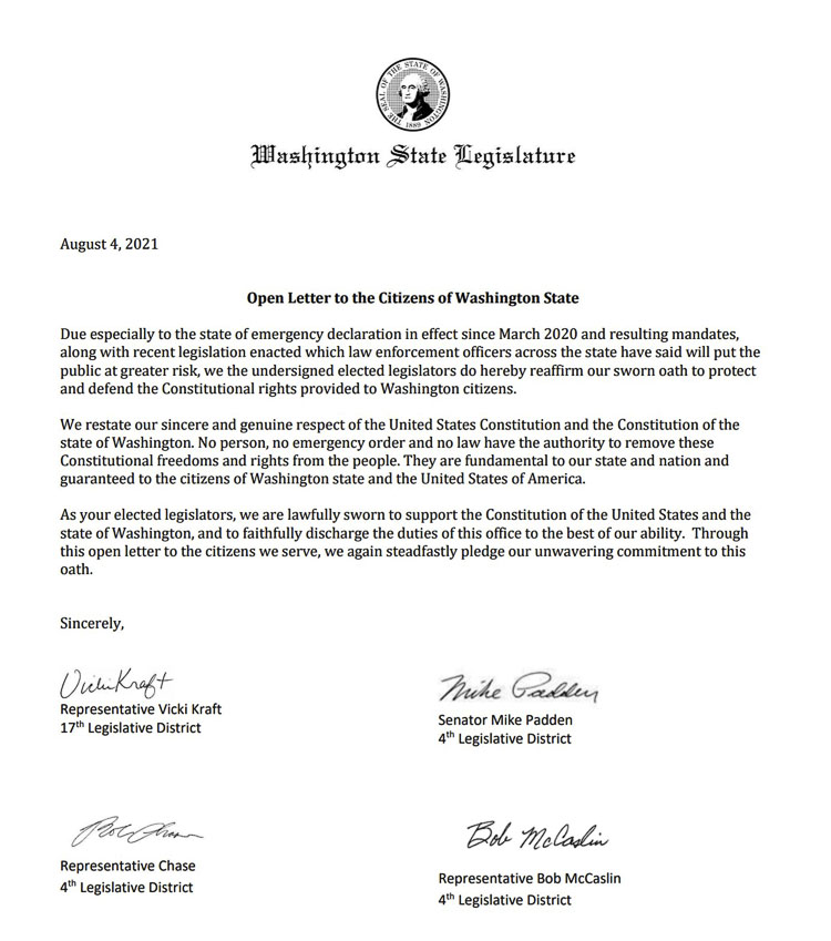 Rep. Vicki Kraft (Republican, 17th District) joined 11 other legislators from around the state to sign an open letter to the citizens of Washington state.