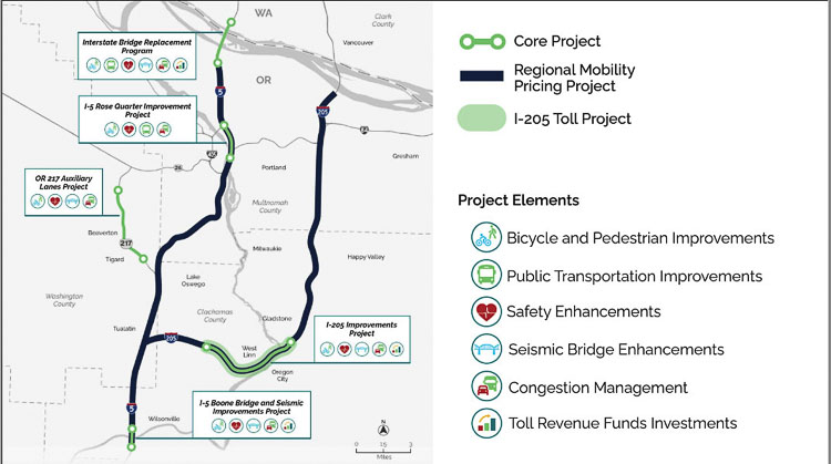 Oregon will initially toll two unique sections of I-5 and I-205. Tolls will happen at the Abernethy Bridge area of I-205 first. ODOT will then toll I-5 from around Going St. down to Multnomah Blvd. Later, they plan to expand tolls to all I-5 and I-205 from “at the border” with Washington down to near Wilsonville. Graphic courtesy of ODOT