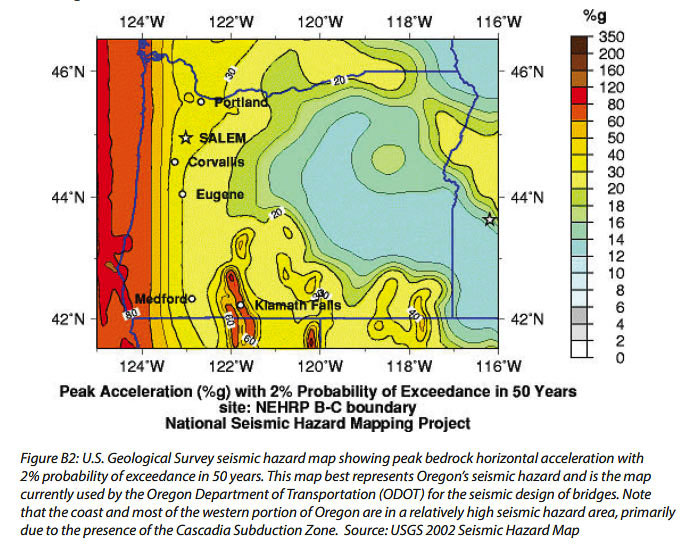 The US Geological Service Seismic Hazard map indicated major risks along the I-5 corridor. Peak acceleration from a Cascadia quake is shown with the greatest along the coastline of Oregon and Washington. Graphic from ODOT and the USGS
