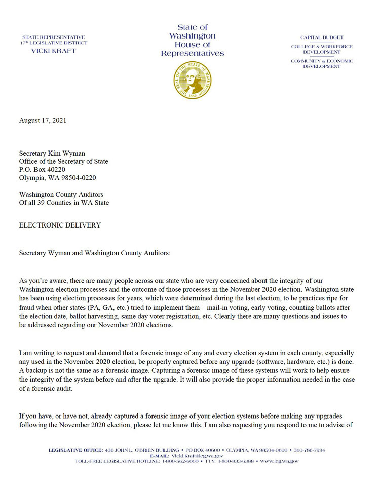 Representative from the 17th District makes her request/demand in Tuesday letter to Secretary of State Kim Wyman.