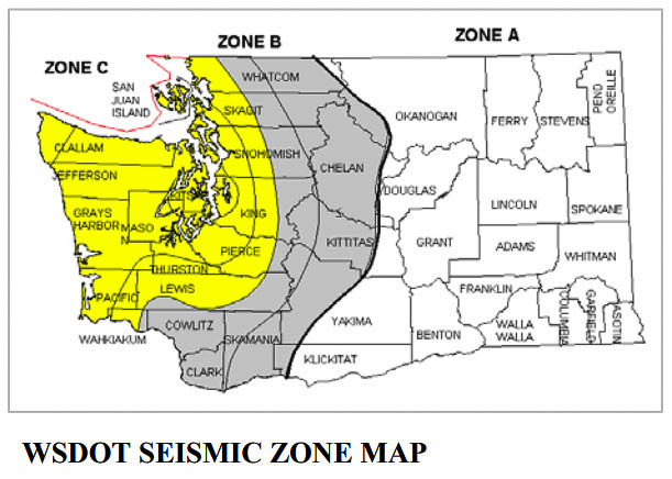 WSDOT created this map indicating the worst ground shaking and accelerating in a major Cascadia Subduction Zone earthquake. The highest priority is upgrading roads and bridges in Zone C. Clark County is in Zone B, with less ground acceleration. Eastern Washington has the least “risk” overall due to a Cascadia quake. Graphic courtesy of WSDOT