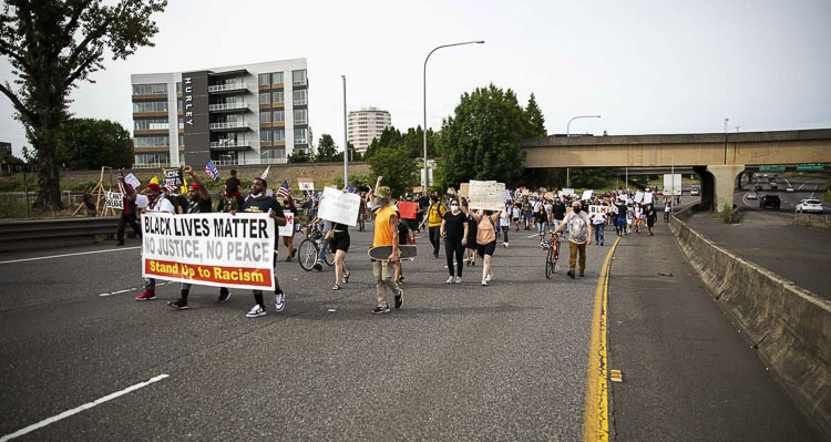 Hundreds of protestors marched onto Interstate 5 from Esther Short Park on June 19, 2020. WSP and WSDOT closed the freeway as a result. Neither the Clark County Sheriff’s Office or the Vancouver Police Department did anything to address the protests. In sharp contrast to that lack of response, on Tuesday, a Clark County Superior Court judge granted an injunction preventing protests within a mile of area schools. File photo