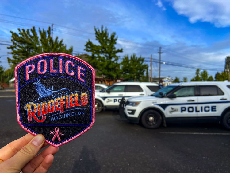 The project centers on vibrant pink versions of the agency’s uniform patches worn on uniforms during ‘Breast Cancer Awareness Month’ in October. Photo courtesy Ridgefield Police Department