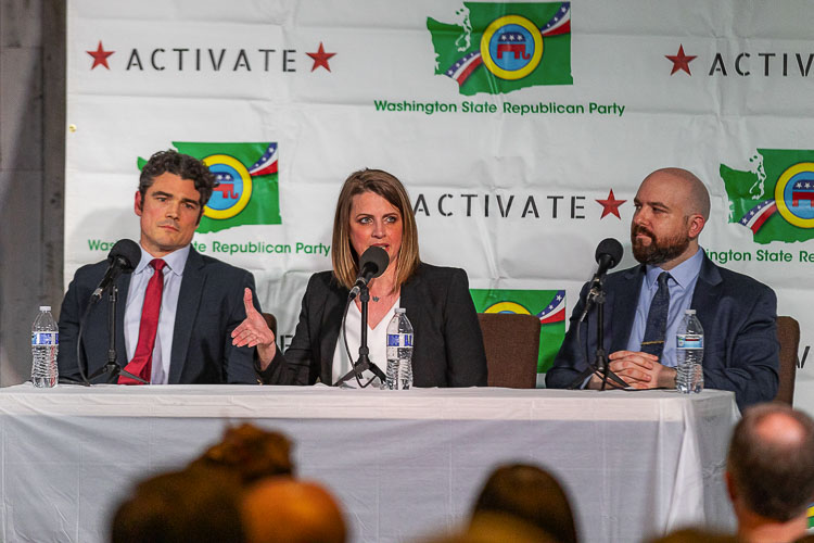 At a candidate forum held in March, Republican candidates in the race against incumbent Jaime Herrera Beutler in the 3rd Congressional District -- (left to right: Joe Kent, Heidi St. John and Wadi Yakhour) made a pledge to support whichever candidate was endorsed by former President Donald Trump. File photo